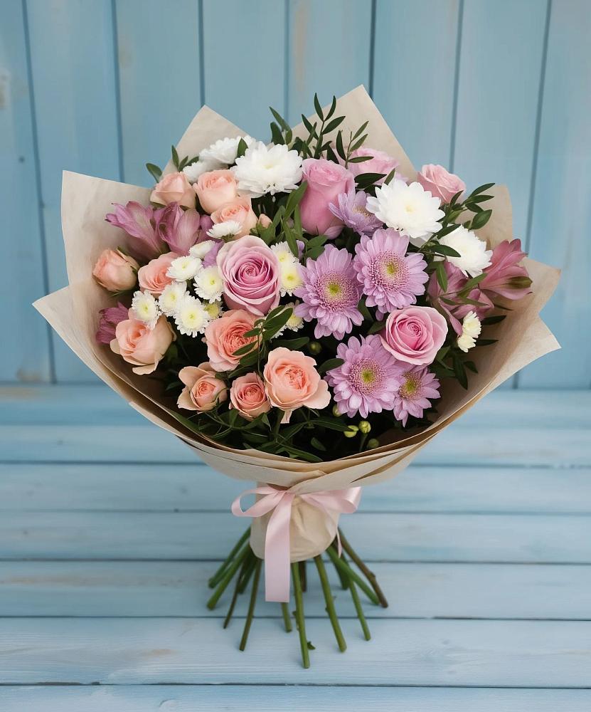 Букет цветов из: Хризантемы, Розы и Альстромерии в Среднем