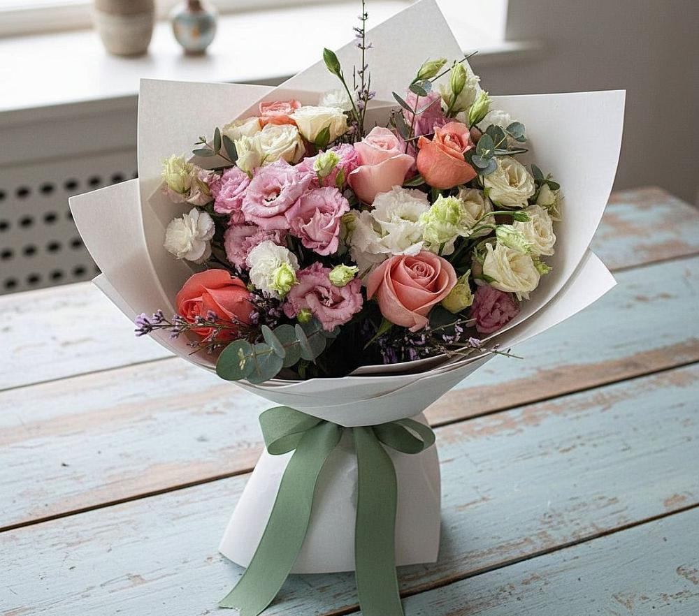 Букет цветов из: Розы, Лизиантусы и Гвоздики в Среднем