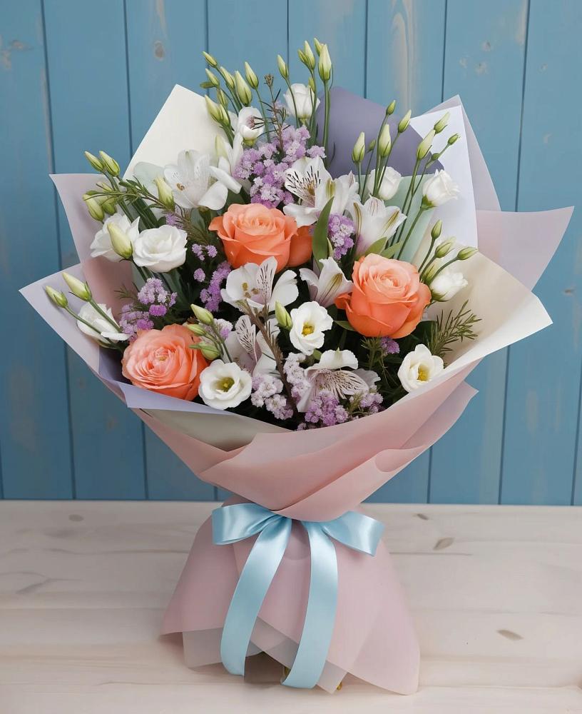 Букет цветов из: Лизиантусы, Розы, Альстромерии и Гипсофила в Среднем