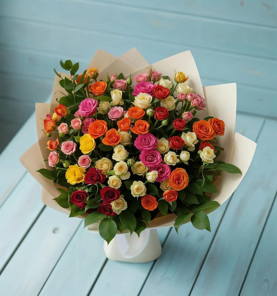 Букет Микс из разноцветных кустовых роз в Среднем