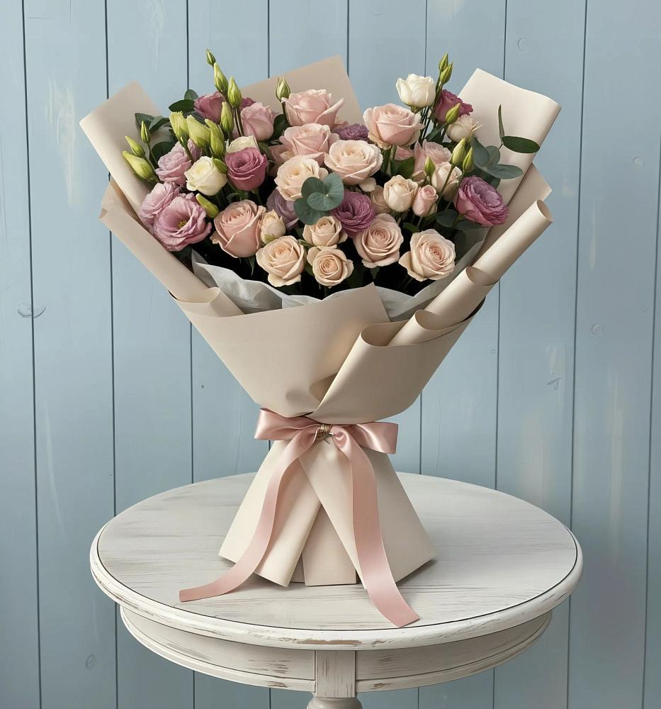 Букет цветов из: Розы и Лизиантусы в Среднем