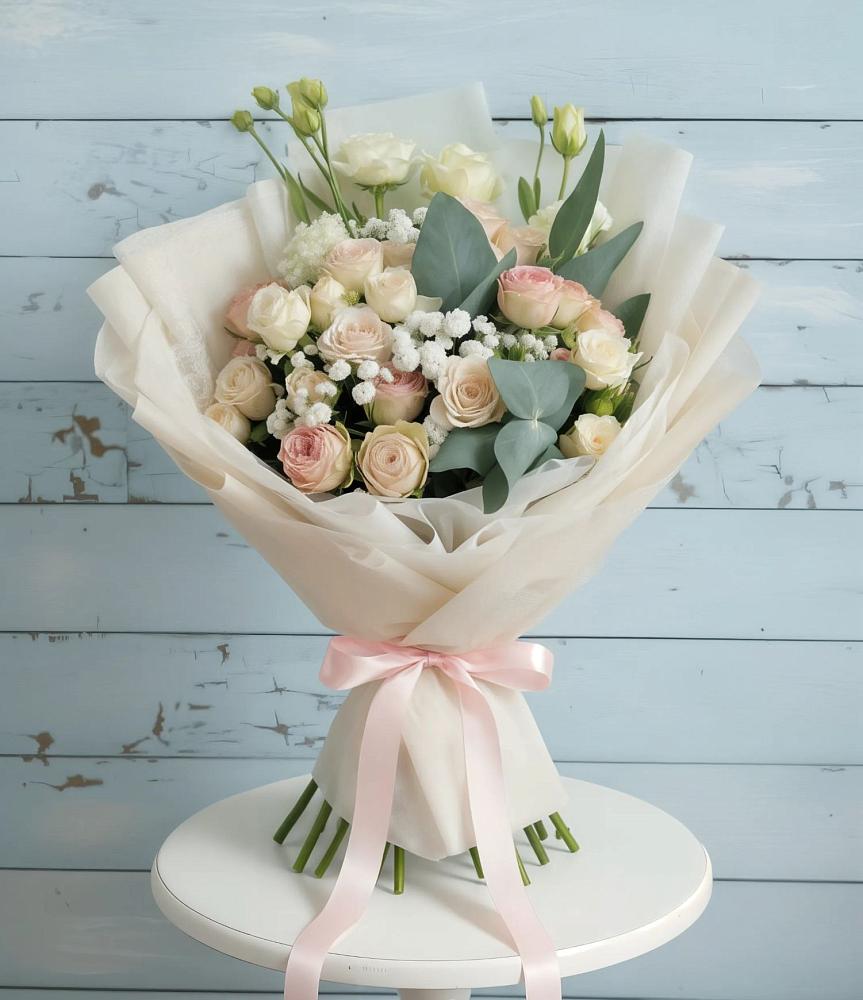 Букет цветов из: Розы и Лизиантусы в Среднем