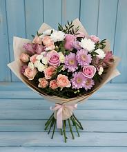 Букет цветов из:  Хризантемы, Розы и Альстромерии в Среднем