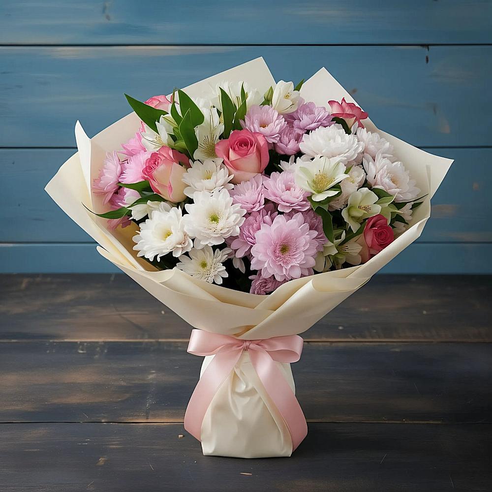 Букет цветов из: Хризантемы, Альстромерии и Розы в Среднем